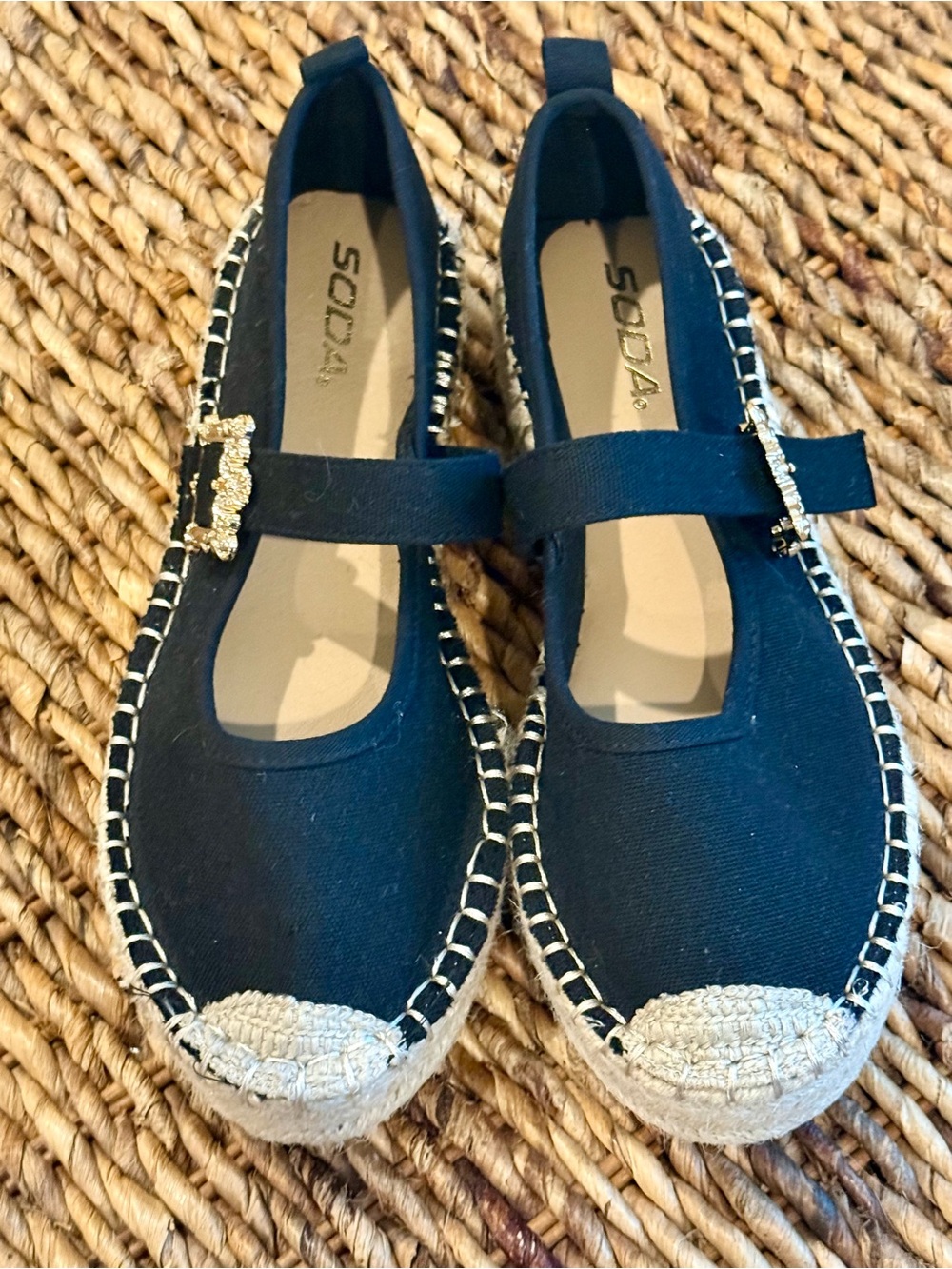 Soda Black Espadrille Mary Jane Flats with Jute Toe